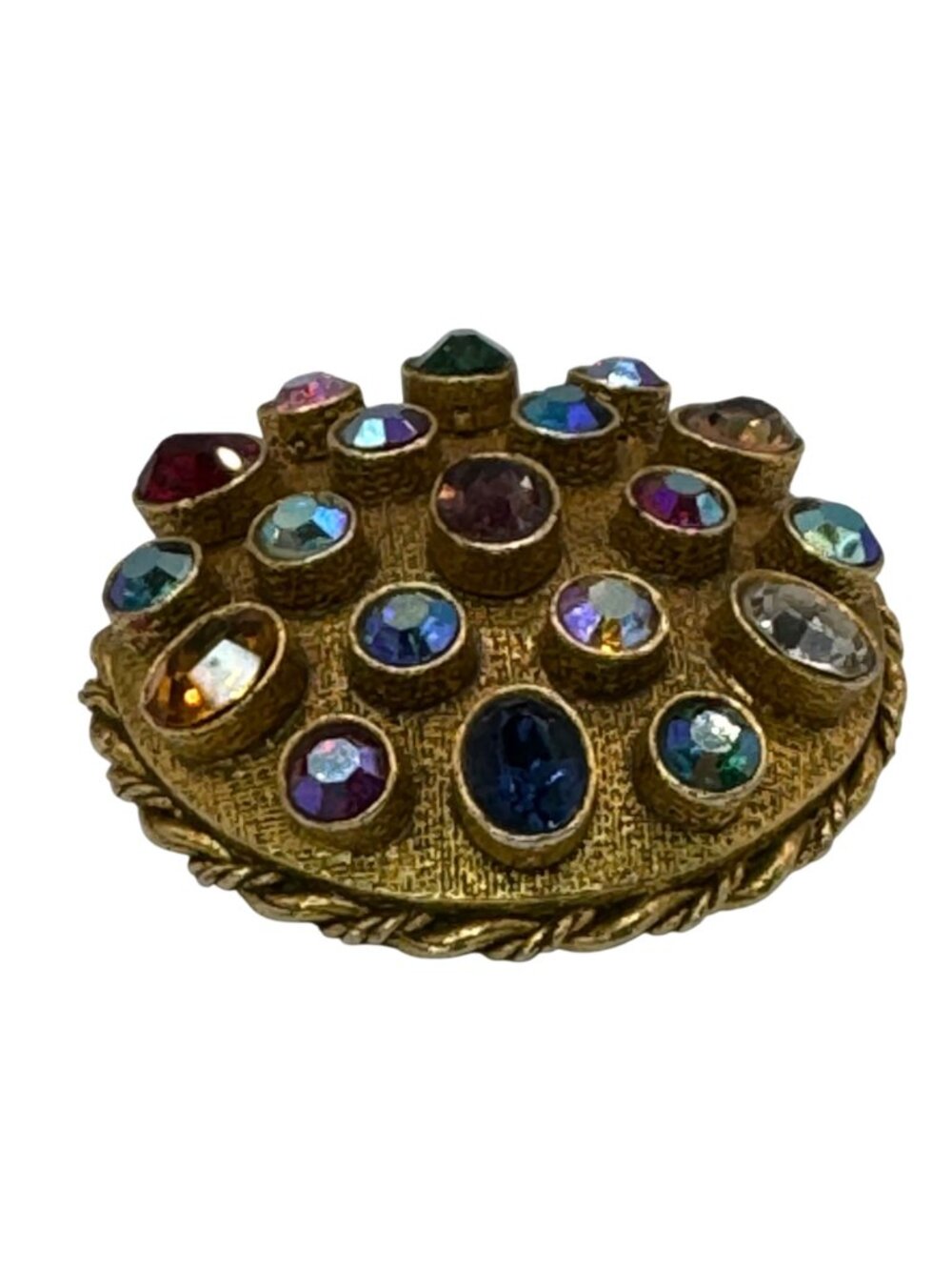 Vintage ART Signed Gold Tone Brooch Multicolor Rhinestones Round Statement 2" - Picture 10 of 11